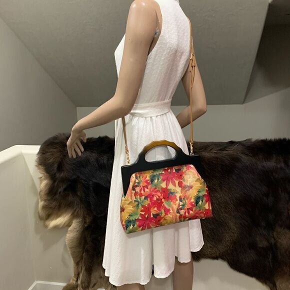 Handmade Genuine Leather Floral Print Large wooden Frame Bag & 2 Strap Styles - Picture 7 of 15